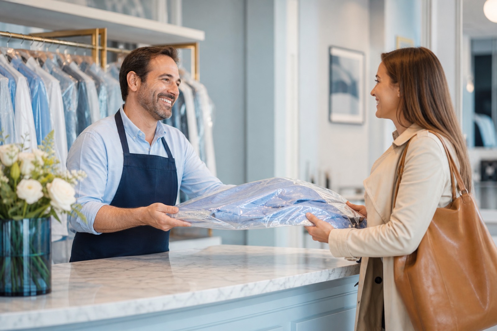 Owner handing a finished garment to a happy customer