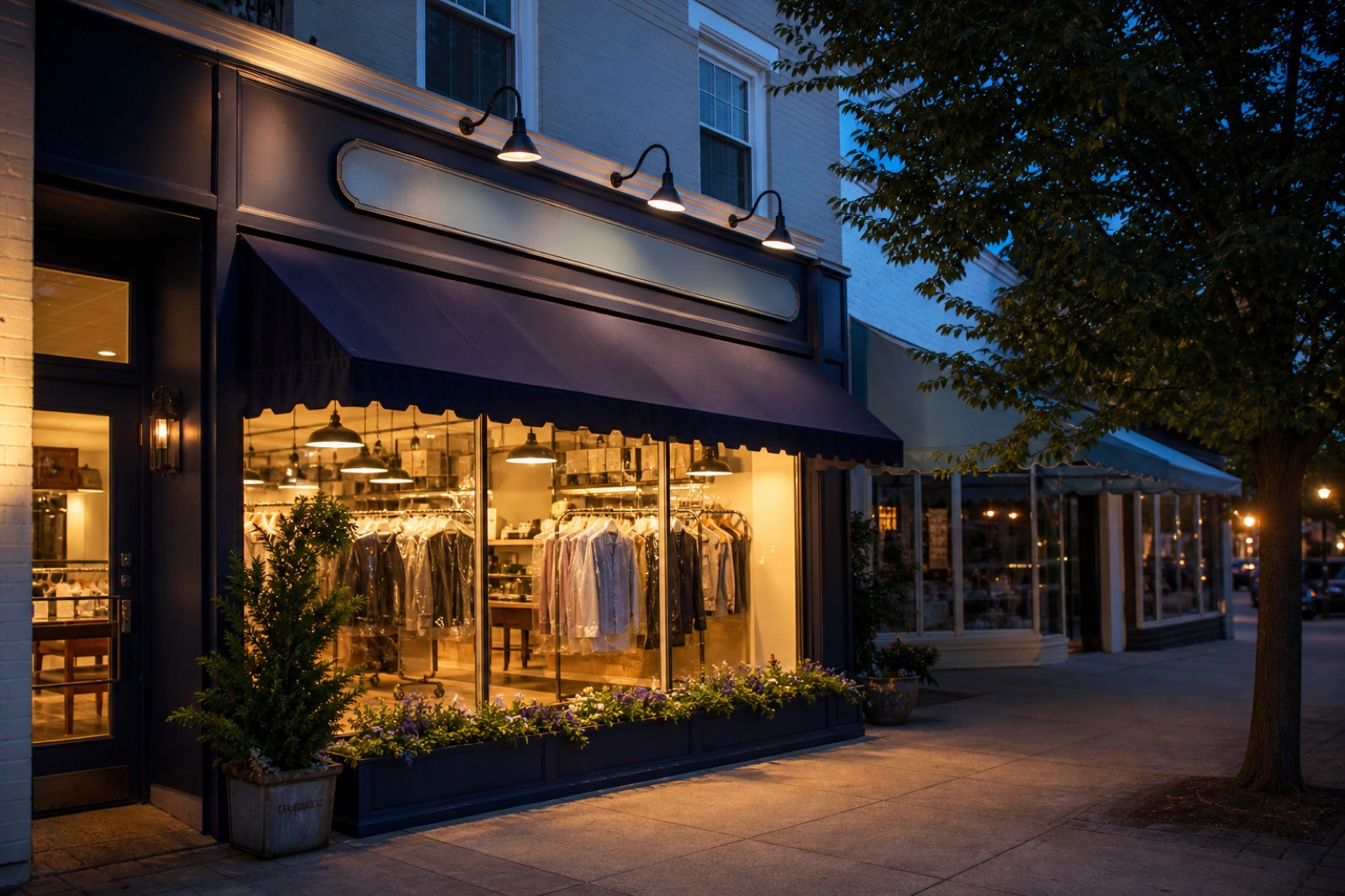Dry cleaner storefront glowing at dusk